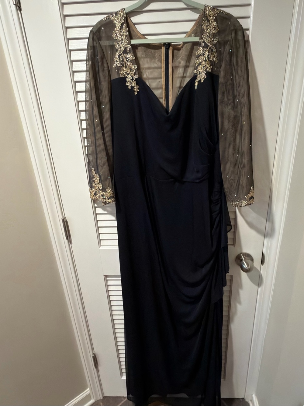 Xscape Navy Long Sleeve Evening Gown with Gold Appliqué